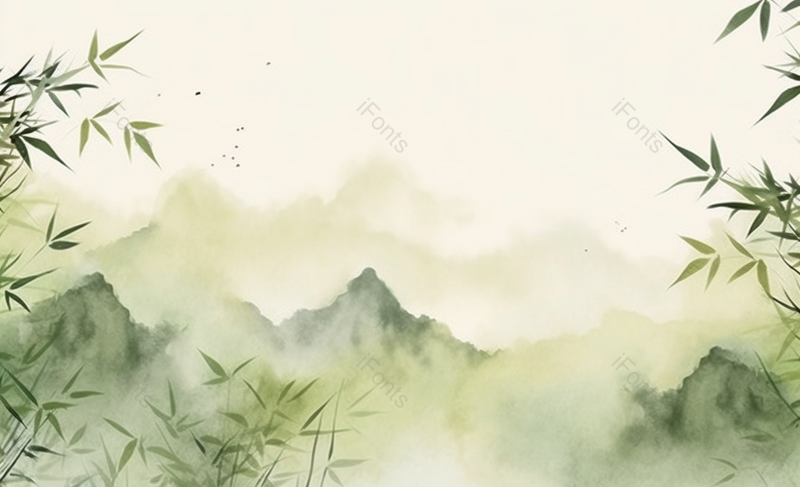水彩风格云雾弥漫的山川与竹叶竹子复古风格插画背景,插画/手绘图,插画/手绘图库,插画/手绘图下载,插画/手绘